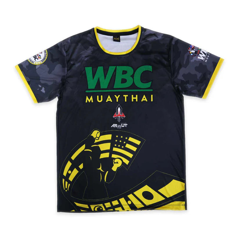 Black Muay Thai t-shirt with WBC branding on a white background