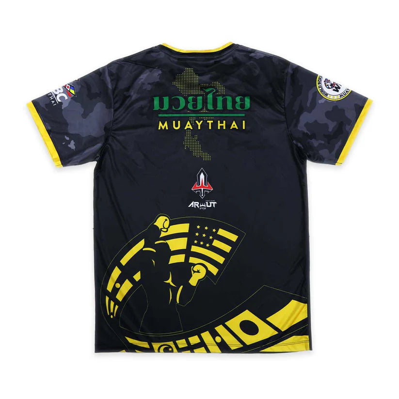 Black and yellow Muay Thai sports jersey with branding on a white background