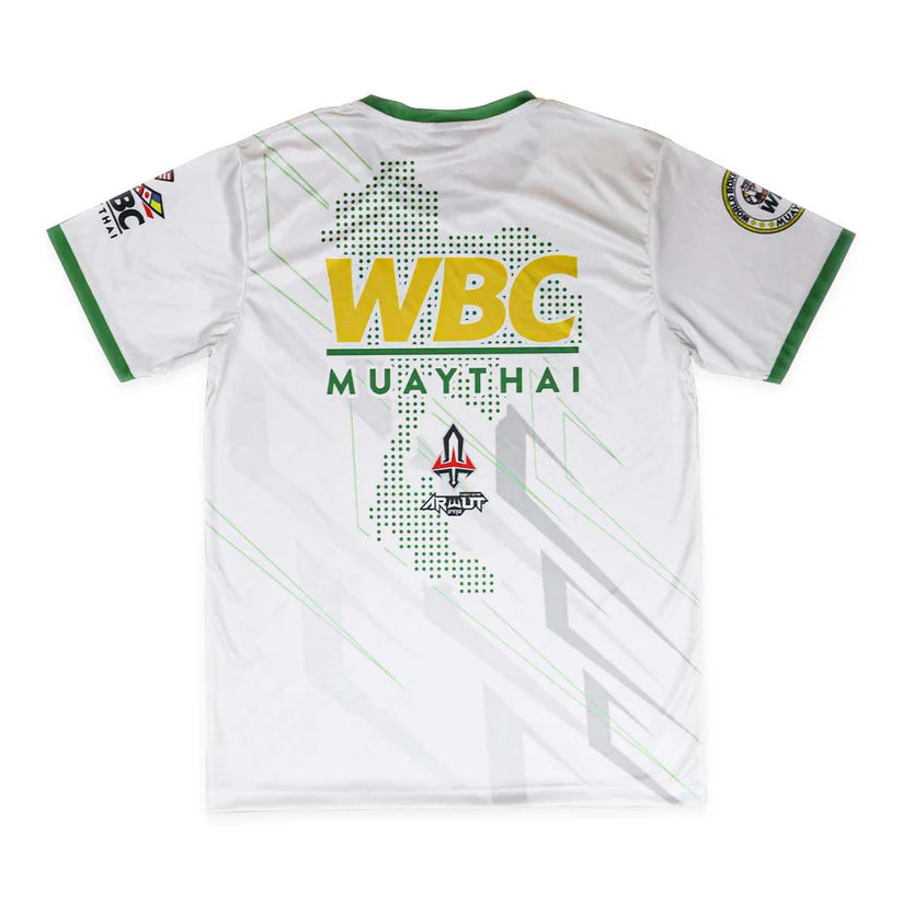 White sports jersey with 'WBC Muay Thai' branding on a white background