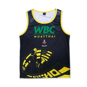 Black sleeveless shirt with WBC Muay Thai branding and graphics on a white background