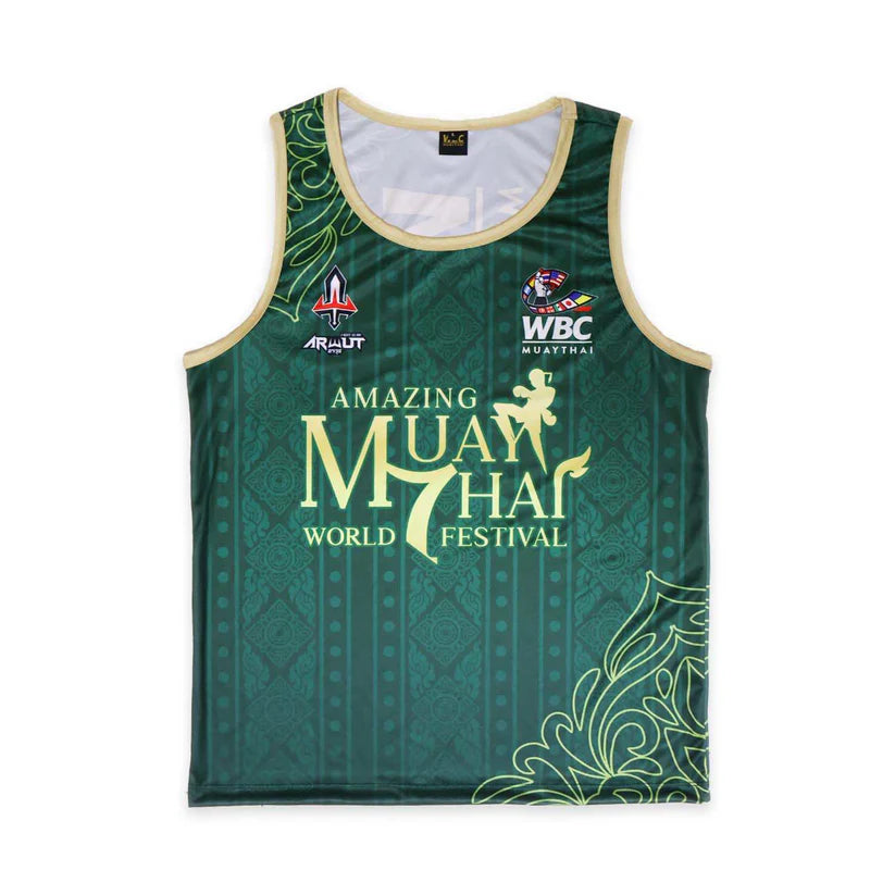 Green WBC Muay Thai sports jersey with text and logos on a white background