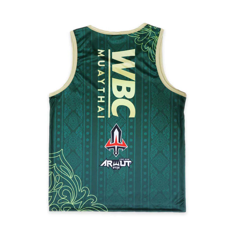 Green Muay Thai singlet with WBC & Arwut branding on a white background