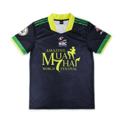 Navy blue sports jersey with green accents and 'Amazing Muay Thai World Festival' text on a white background