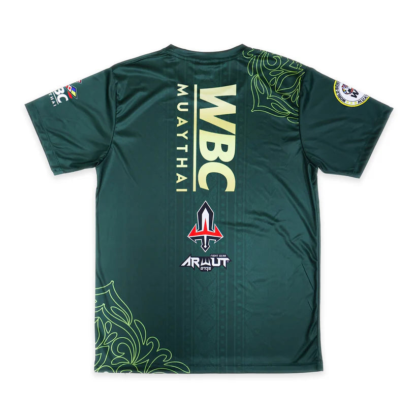 Green sports jersey with 'WBC Muaythai' and 'Arwut' branding on a white background