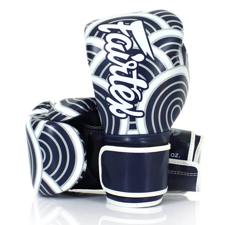 Pair of boxing gloves with a blue and white pattern on a white background