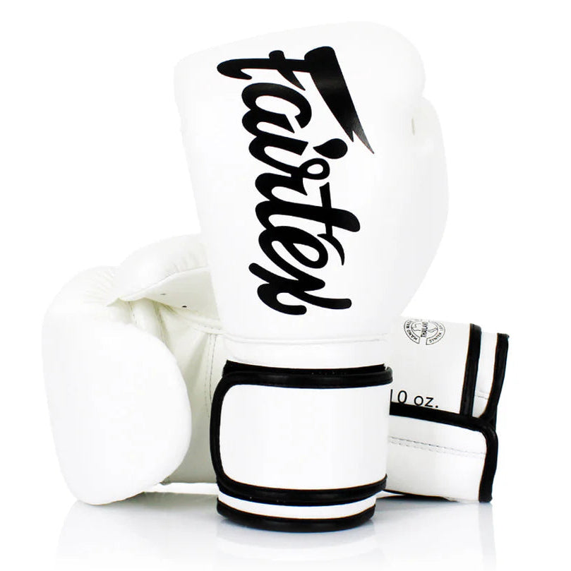 White boxing gloves with black text and accents on a white background