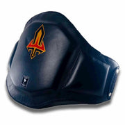Black Muay Thai belly pad with a logo on a white background
