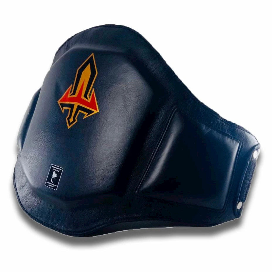 Black Muay Thai belly pad with a logo on a white background