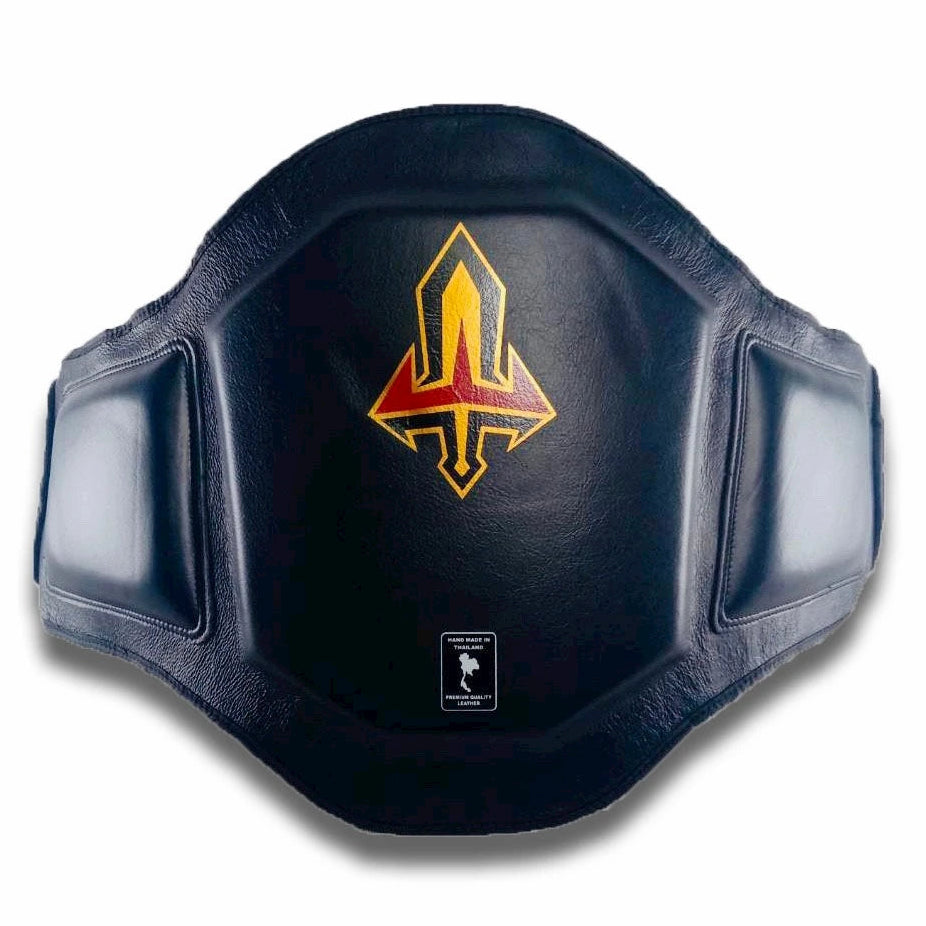 Black Muay Thai belly pad with a yellow and red emblem on a white background