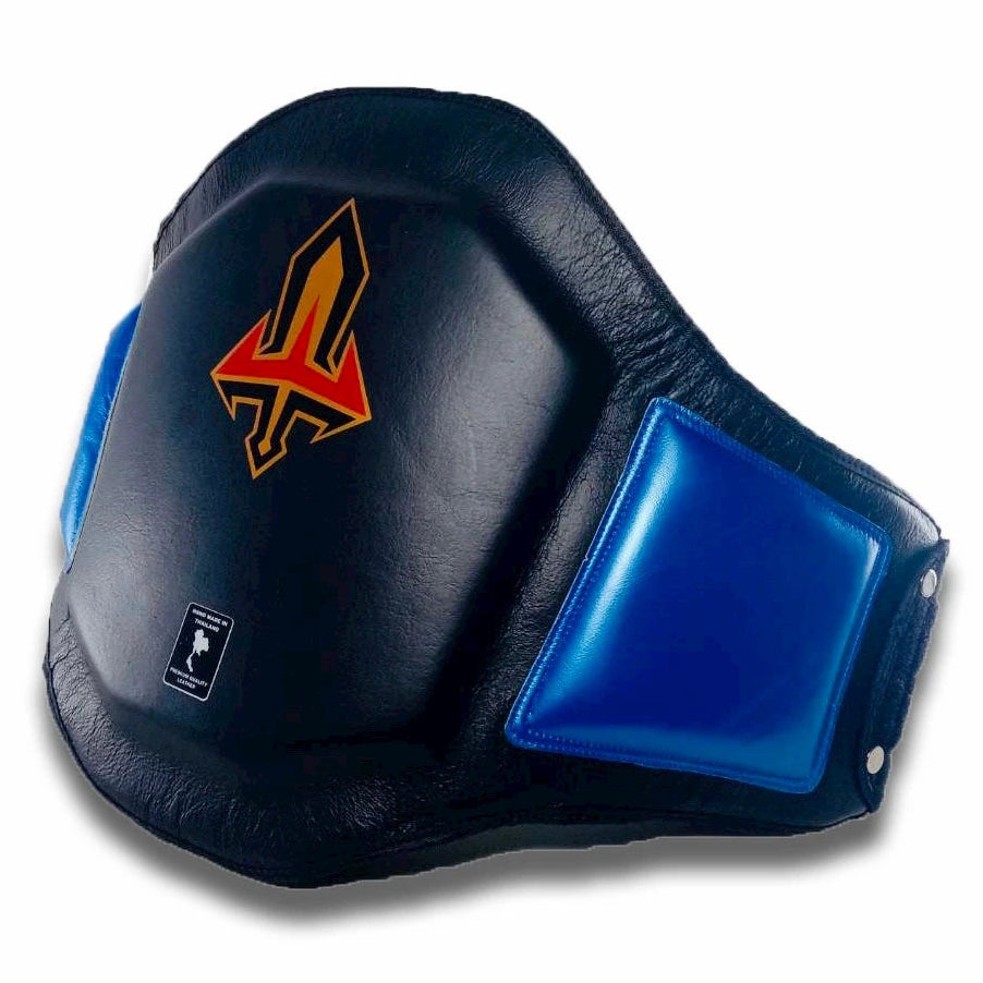 Black and blue Arwut belly pad with a logo on a white background