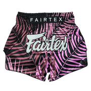 Pink and black patterned Fairtex shorts on a white background