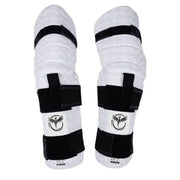 Pair of white arm & elbow guards with black straps on a white background