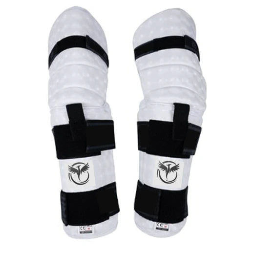 Pair of white arm & elbow guards with black straps on a white background