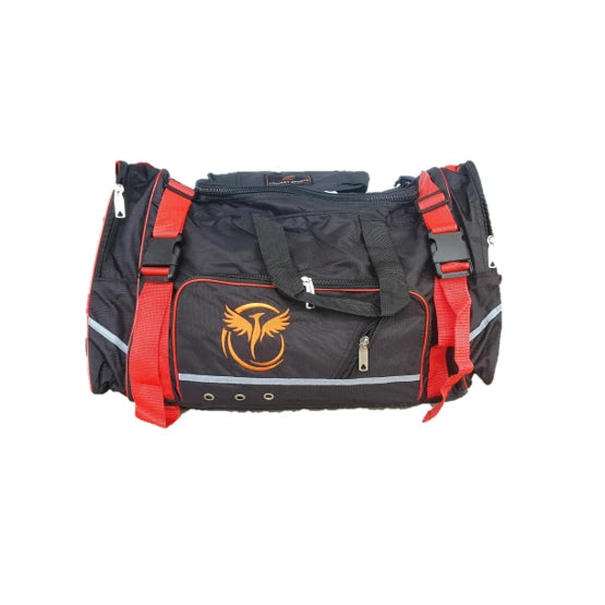 Black and red duffel bag with a logo on a white background
