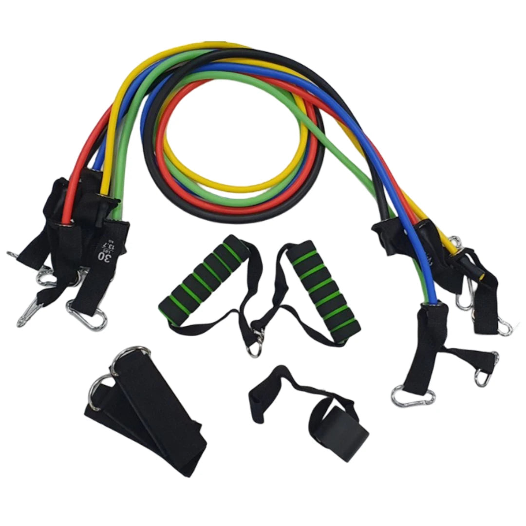 Set of resistance bands and straps on a white background