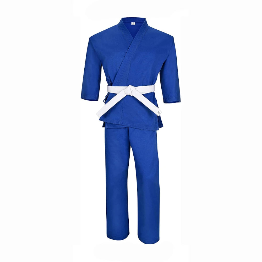 Blue martial arts uniform with a white belt on a white background