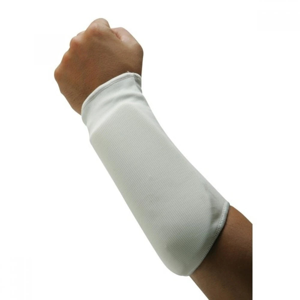 White arm arm guard on a person's arm against a white background