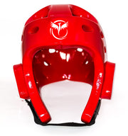 Red martial arts helmet with a logo on a white background