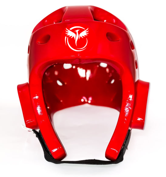 Red martial arts helmet with a logo on a white background