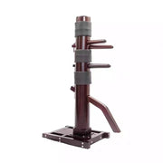 Brown wooden kung fu dummy with adjustable legs on a white background
