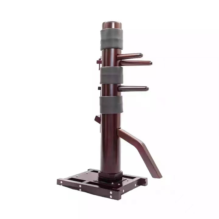 Brown wooden kung fu dummy with adjustable legs on a white background