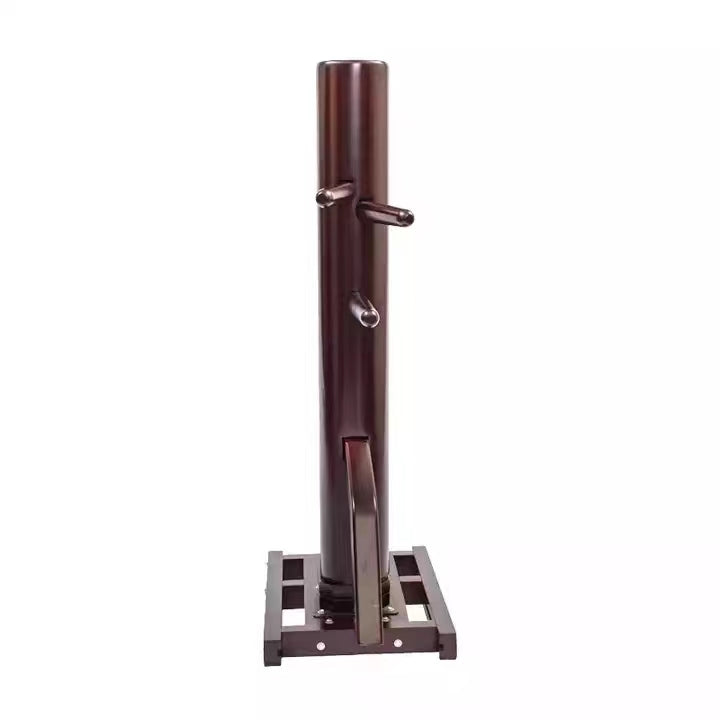 Wooden kung fu dummy on a stand with a white background