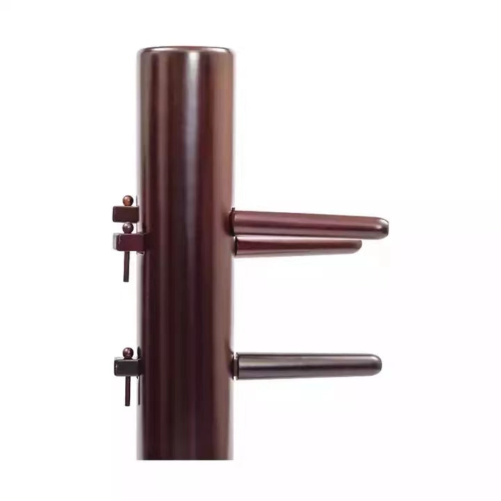 Brown wooden Wing Chun dummy on a white background