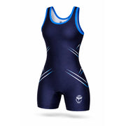 Navy blue wrestling singlet with white and blue accents on a white background