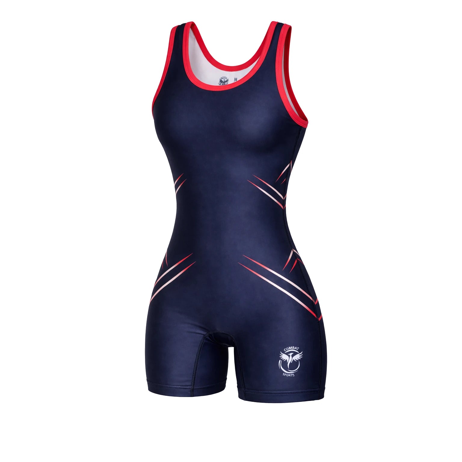 Navy blue wrestling singlet with red and white accents on a white background