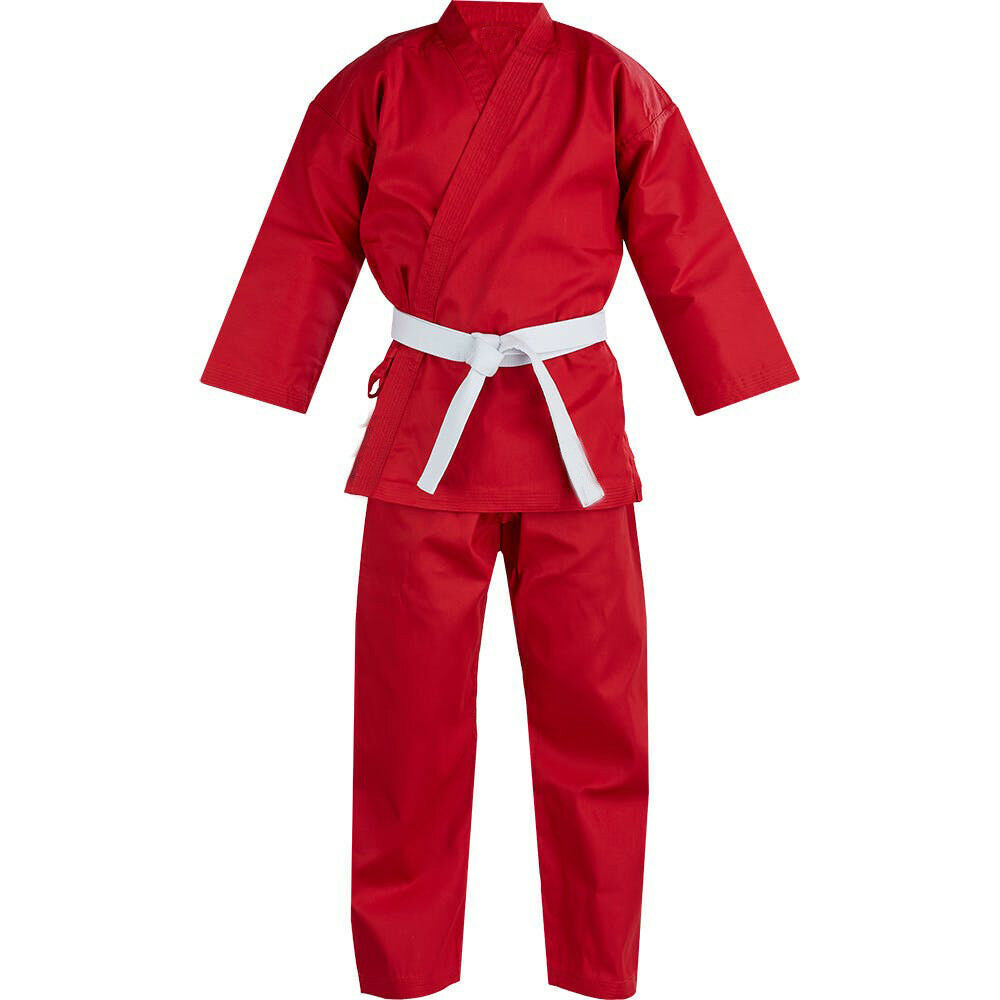 Red martial arts uniform with a white belt on a white background
