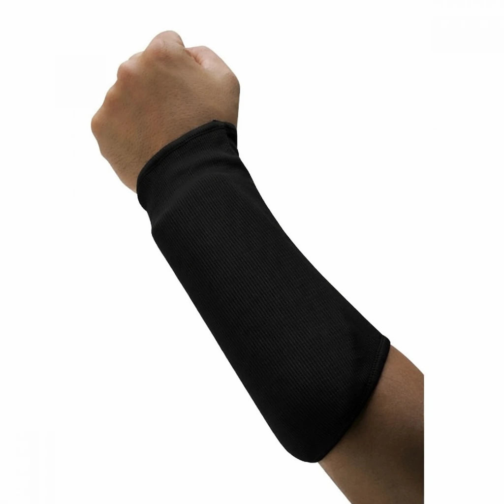 Black arm guard on a person's arm against a white background