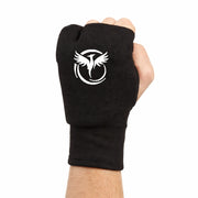 Black martial arts mitt with a white logo on a white background