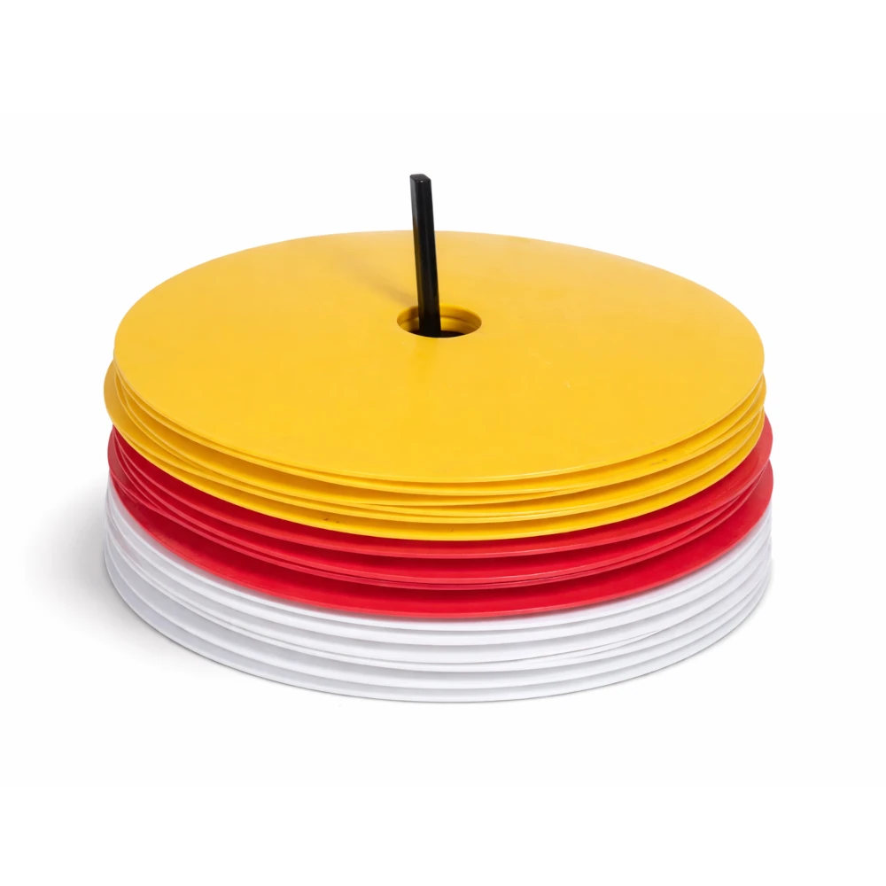 Stack of yellow, red, and white round objects on a white background