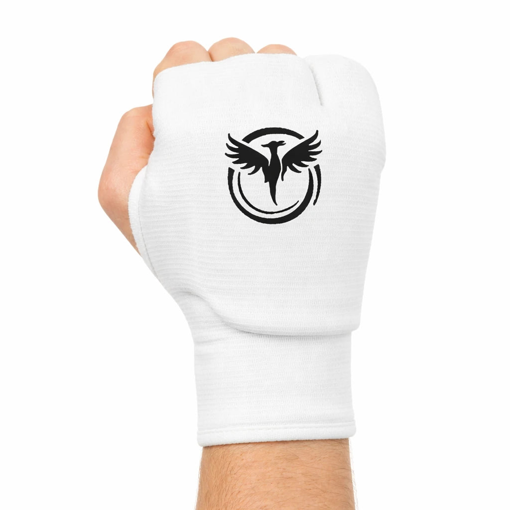 White hand wrap with black logo worn by a person on a white background