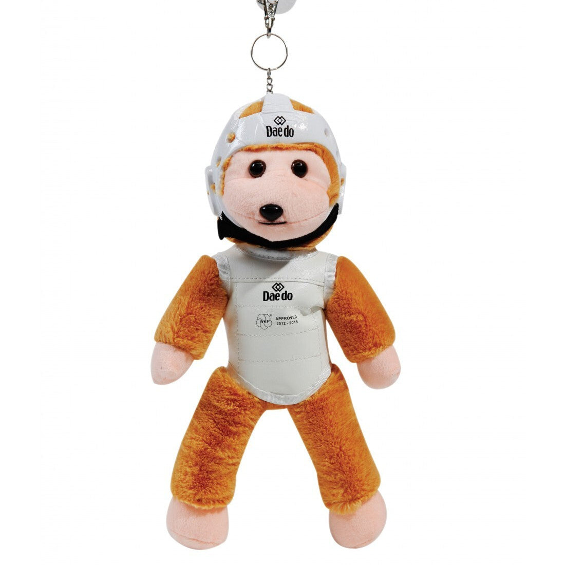 Plush keychain with a monkey character wearing a helmet and orange outfit on a white background