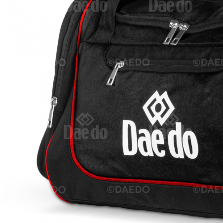 Black duffel bag with red trim and 'Daedo' logo on a white background
