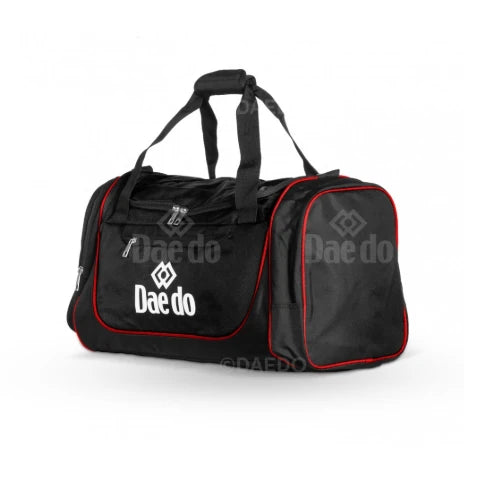 Black duffel bag with red accents and 'Daedo' branding on a white background