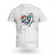 White t-shirt with cartoon characters and 'DAEDO' branding on a white background