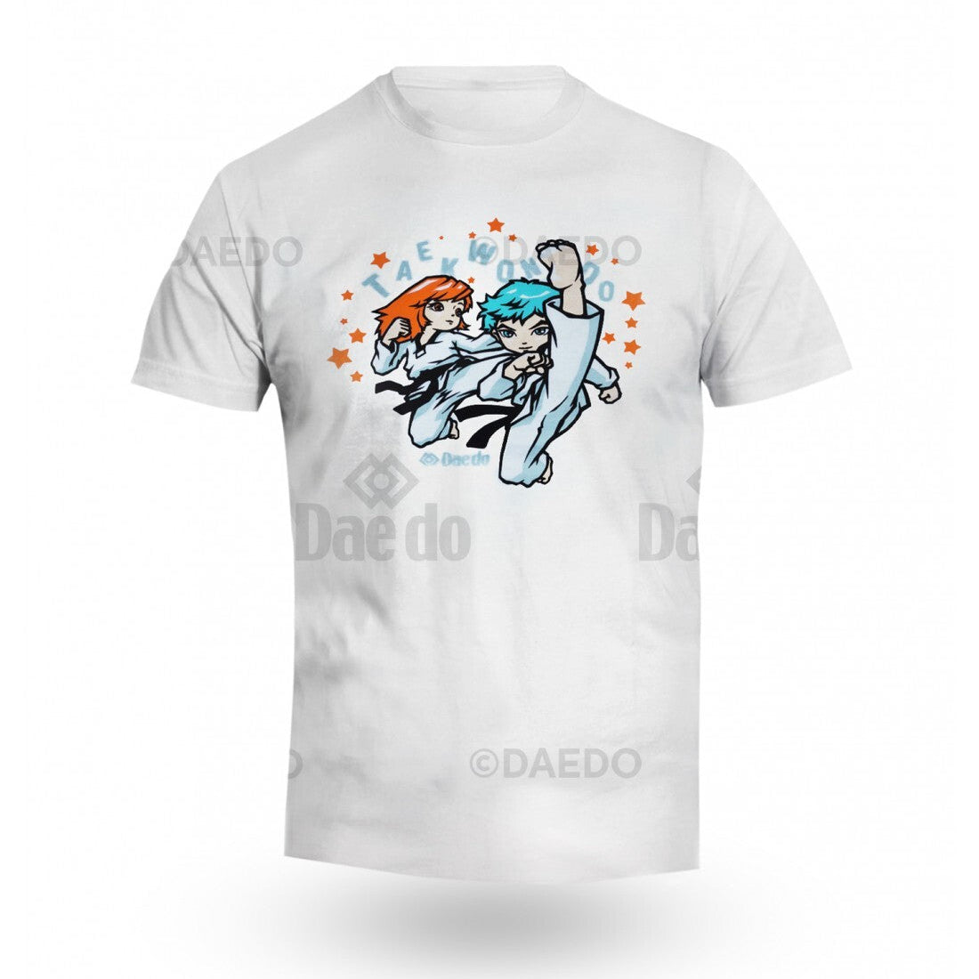 White t-shirt with cartoon characters and 'DAEDO' branding on a white background
