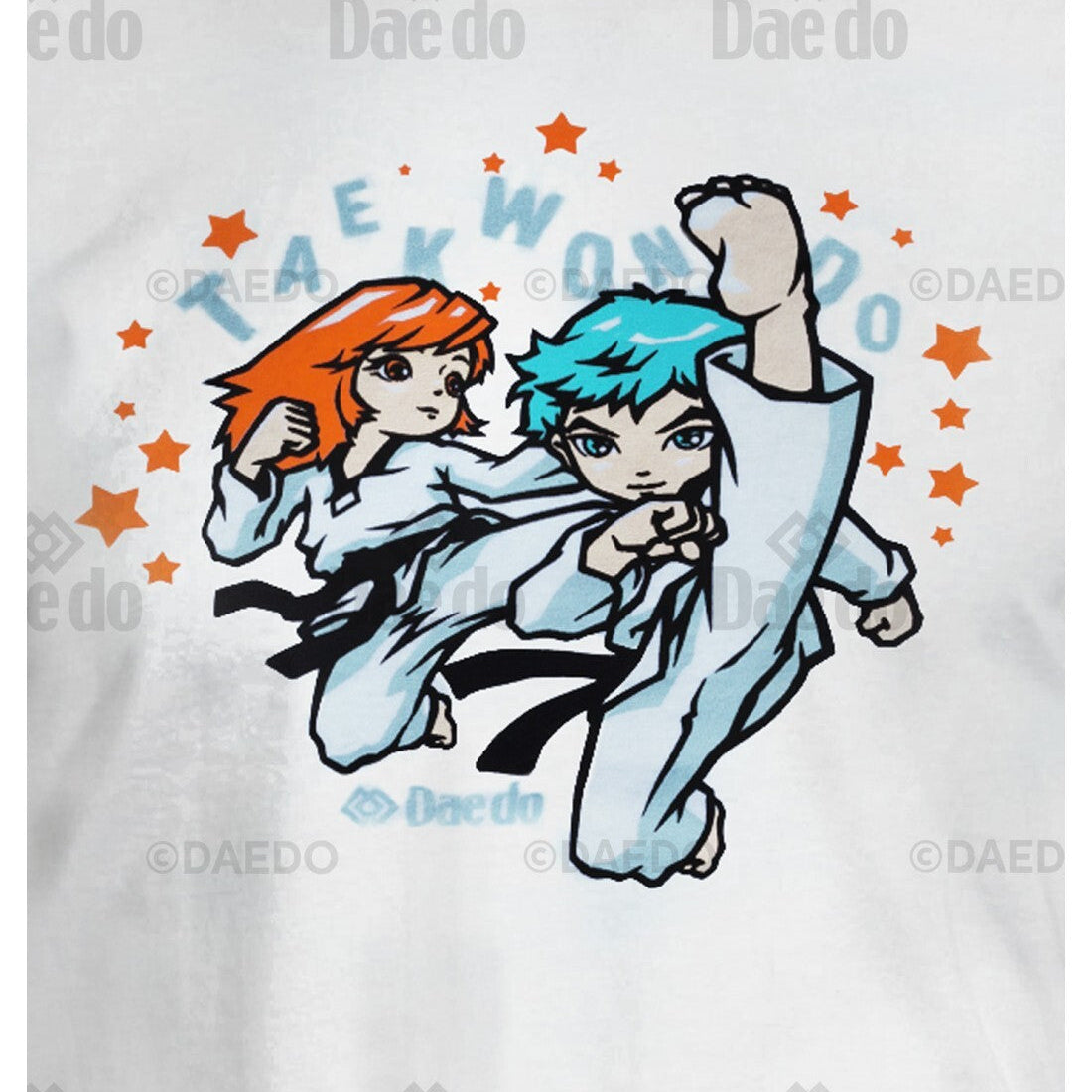 T-shirt with anime-style characters and 'Tae Kwon Do' text on a white background