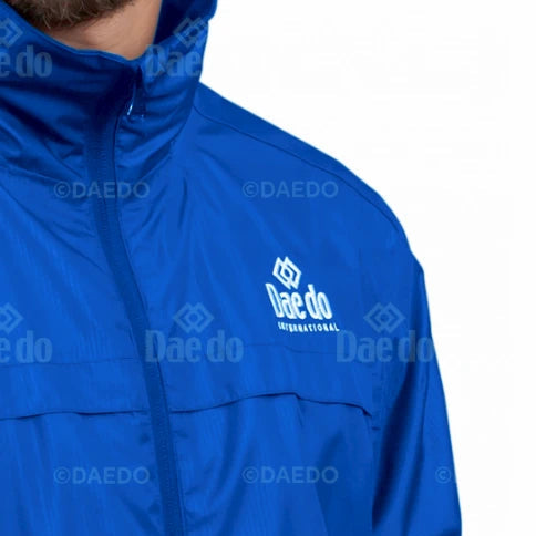 Blue jacket with a brand logo on a white background
