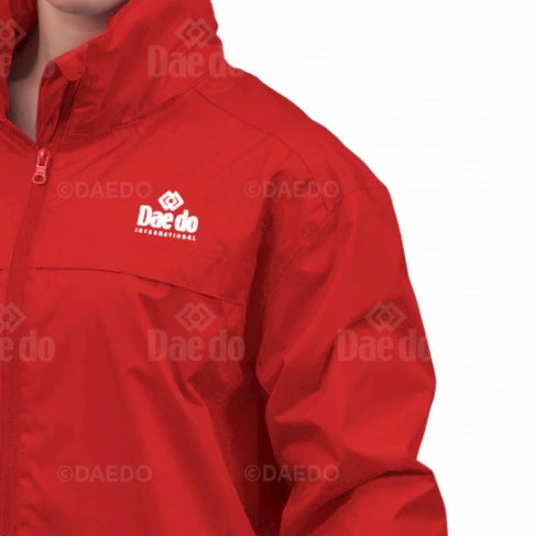 Red jacket with a visible brand logo on a white background