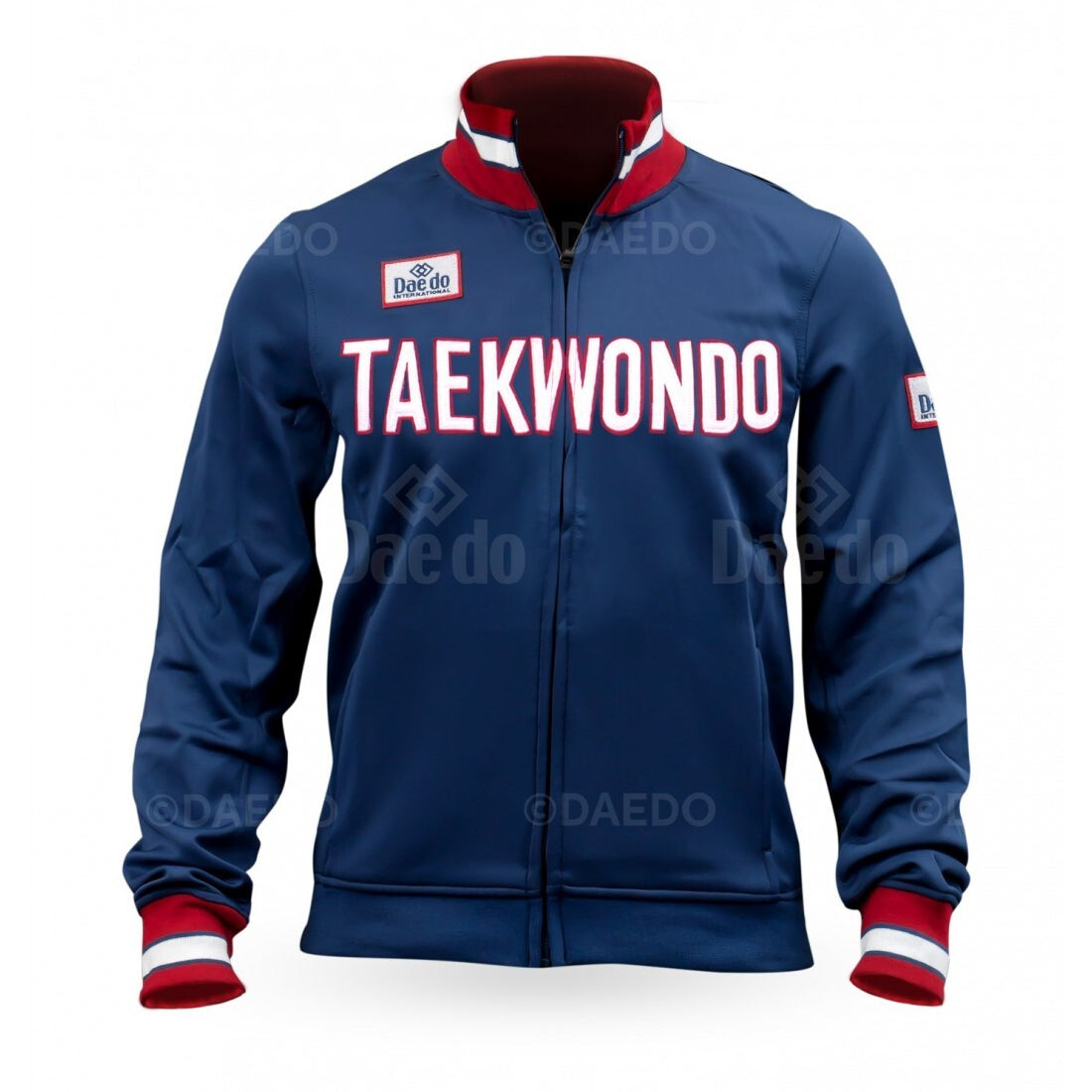 Blue Taekwondo jacket with red and white accents on a white background