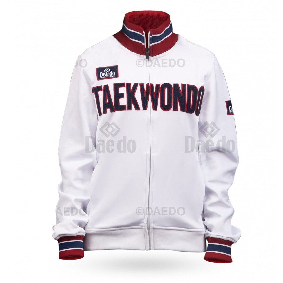 White taekwondo jacket with red and blue accents on a white background