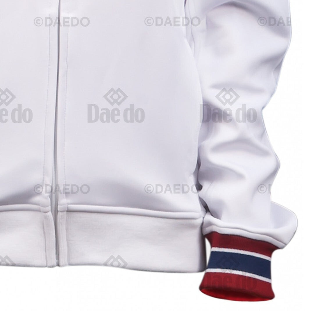 White jacket with red and blue cuffs on a white background