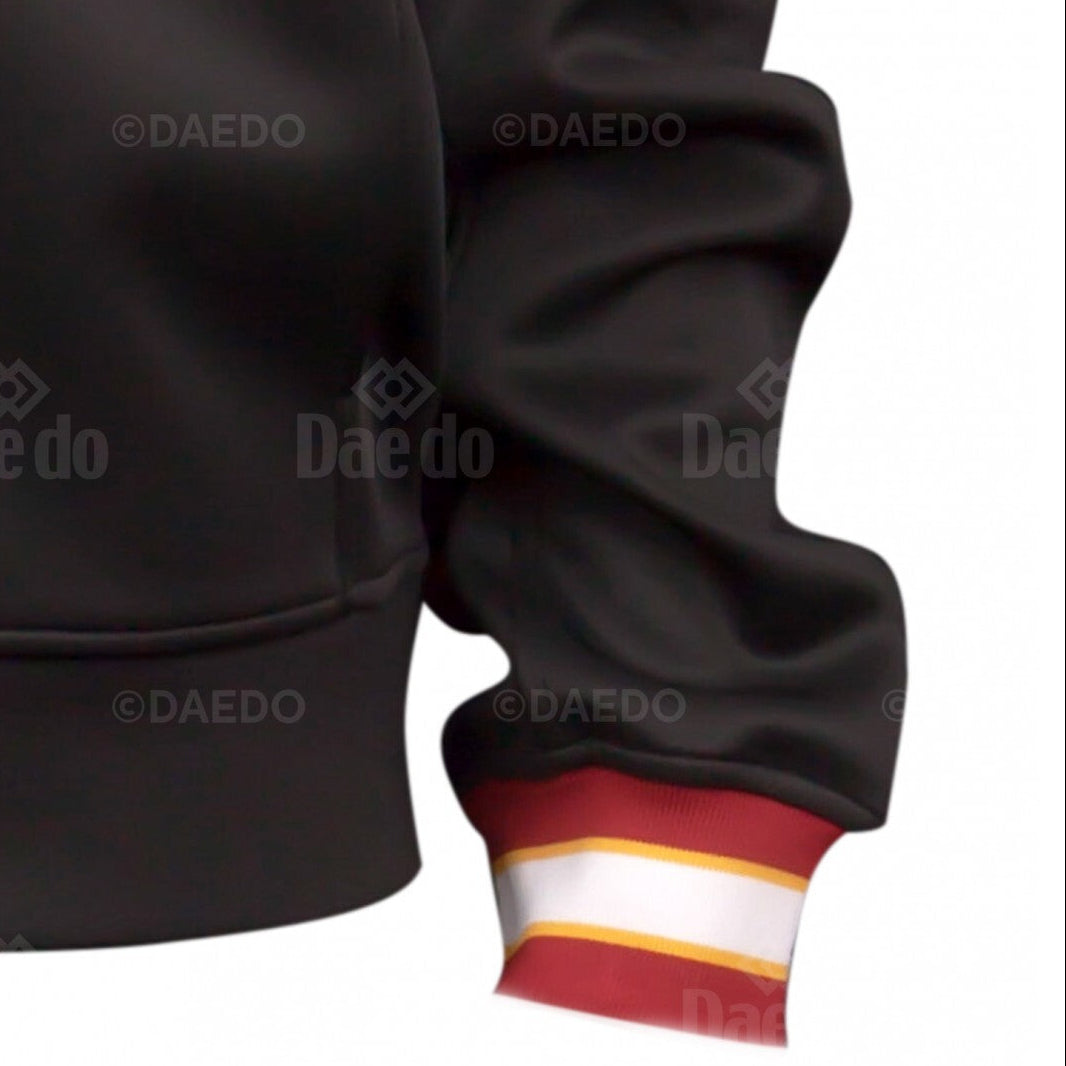 Black jacket with red and yellow striped cuffs on a white background