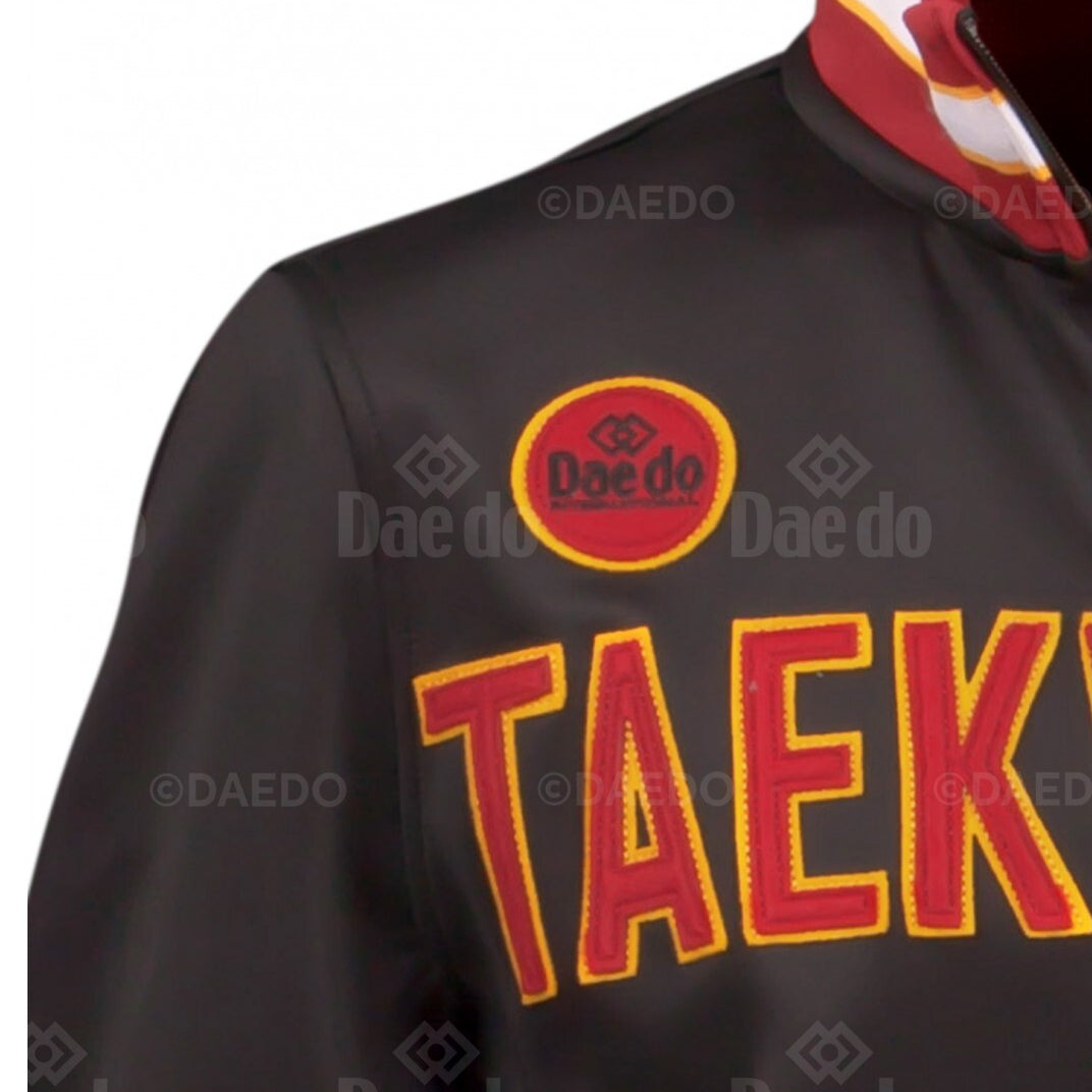 Black jacket with red and yellow text and logo on a white background
