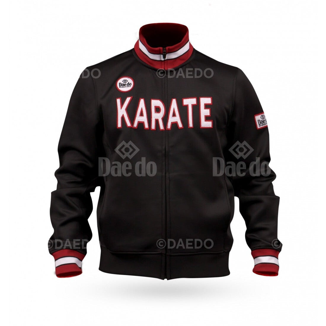 Black karate jacket with red and white accents on a white background