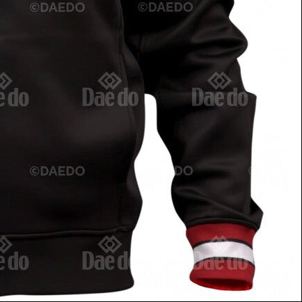 Black jacket with red cuffs and white collar, featuring 'Daedo' branding.