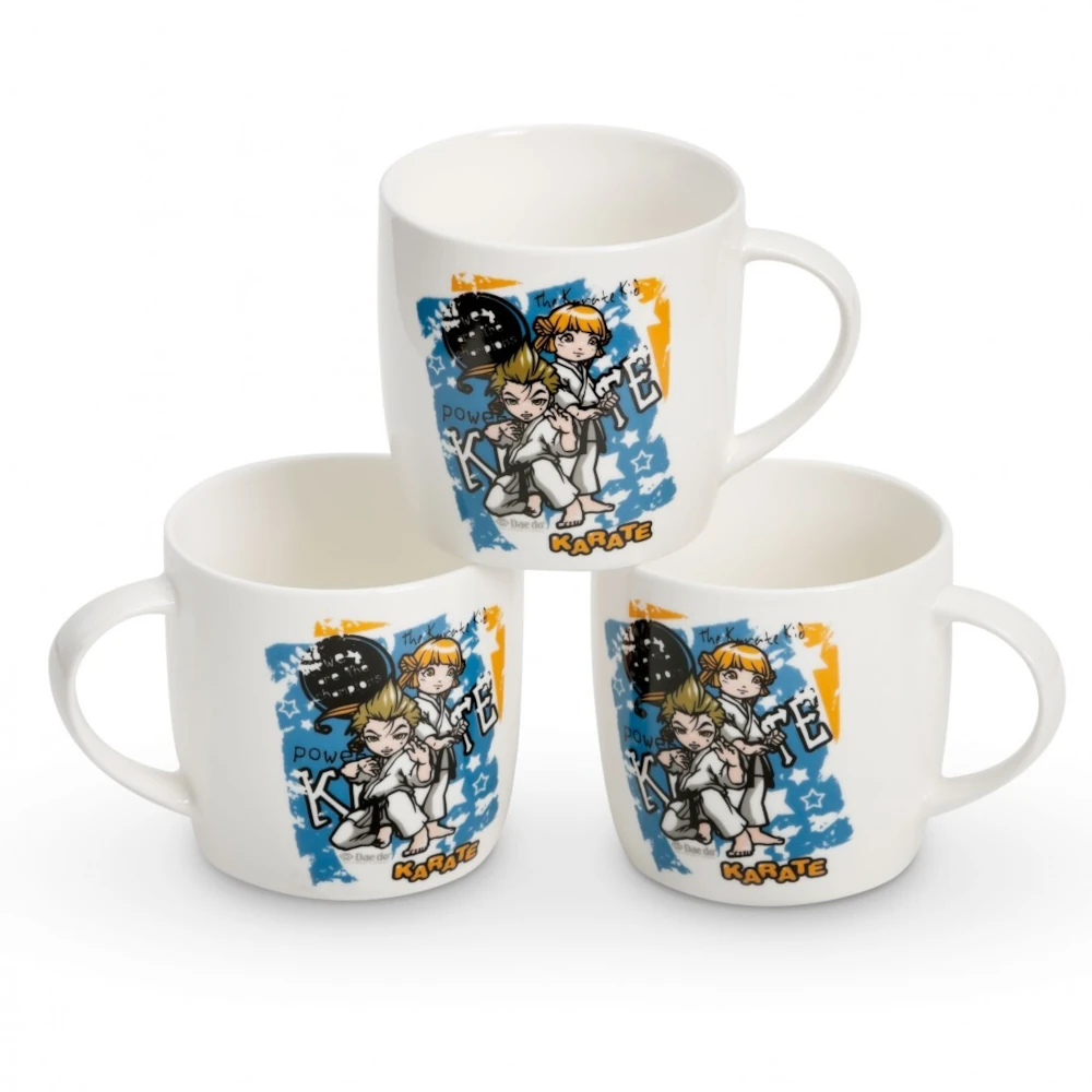 Three mugs with cartoon character design on a white background